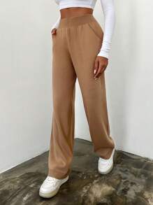 EURMUSE Solid Slant Pocket Knit Pants - Brown - View 1