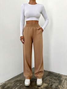 EURMUSE Solid Slant Pocket Knit Pants - Brown - View 2