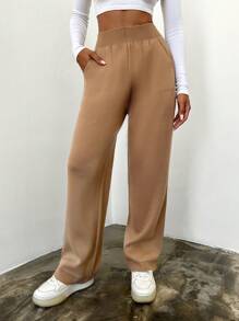 EURMUSE Solid Slant Pocket Knit Pants - Brown - View 3