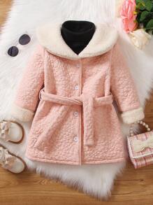 SHEIN Cô Gái Trẻ 1 Miếng Tương phản Cổ áo Borg Thắt lưng áo - Hồng - Xem 1