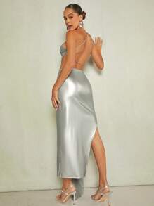 SHEIN BAE One Shoulder Draped Split Thigh Dress - Silver - View 2