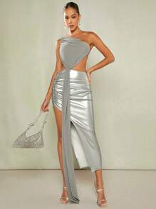 SHEIN BAE One Shoulder Draped Split Thigh Dress - Silver - View 3