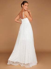 SHEIN Belle 1入組亮片裝飾吊帶婚紗洋裝不附面紗 - 白色 - 查看 2