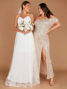 SHEIN Belle 1入組亮片裝飾吊帶婚紗洋裝不附面紗 - 白色 - 查看 8