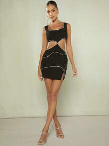 SHEIN BAE 拼接水鑽滾邊鏤空下擺開叉緊身連衣裙 - 黑色 - 查看 3