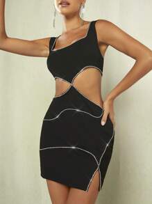 SHEIN BAE 拼接水鑽滾邊鏤空下擺開叉緊身連衣裙 - 黑色 - 查看 5