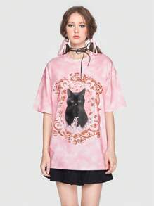 Sweetness Áo thun nữ cổ tròn in hình mèo đen dáng rộng thoải mái - Hồng - Xem 4