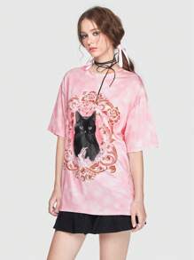 Sweetness Áo thun nữ cổ tròn in hình mèo đen dáng rộng thoải mái - Hồng - Xem 5