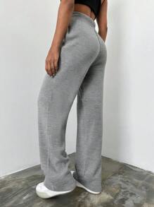 EURMUSE Solid Tie Front Knit Pants - Grey - View 3