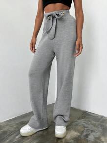 EURMUSE Solid Tie Front Knit Pants - Grey - View 4