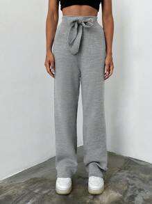 EURMUSE Solid Tie Front Knit Pants - Grey - View 1