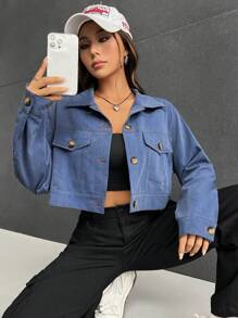 SHEIN EZwear Flap Pocket Drop Shoulder Shirt - Blue - View 1