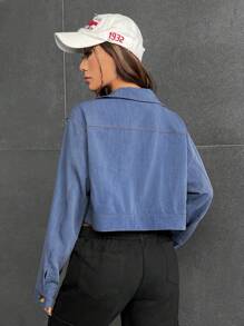 SHEIN EZwear Flap Pocket Drop Shoulder Shirt - Blue - View 2