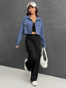 SHEIN EZwear Flap Pocket Drop Shoulder Shirt - Blue - View 3