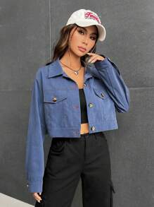 SHEIN EZwear Flap Pocket Drop Shoulder Shirt - Blue - View 5