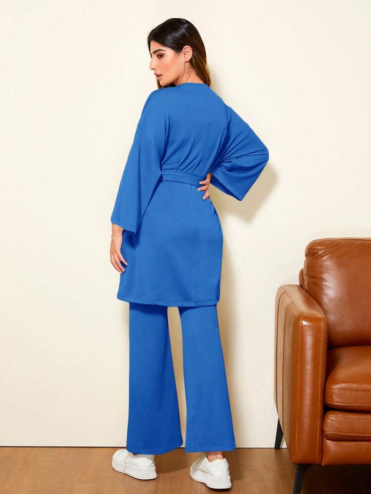 Slogan Patched Drop Shoulder Belted Coat & Flare Leg Pants