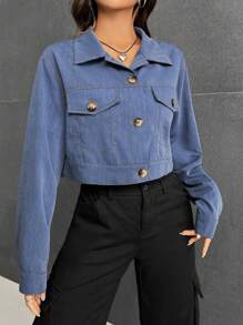 SHEIN EZwear Flap Pocket Drop Shoulder Shirt - Blue - View 6