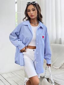 SHEIN Muchic 愛心刺繡落肩袖條紋圖案襯衫 - 藍白色 - 查看 3