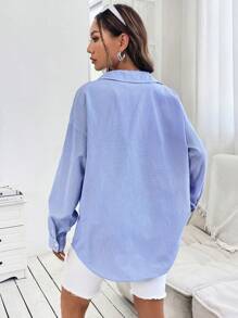 SHEIN Muchic 愛心刺繡落肩袖條紋圖案襯衫 - 藍白色 - 查看 2