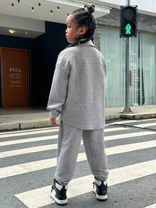 SHEIN Tween Girl Parent-child Street Style Plaid Shirt Jacket, Solid Color Drawstring Jogger Pants - Light Grey - View 3