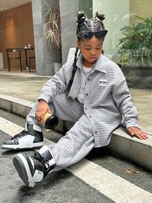 SHEIN Tween Girl Parent-child Street Style Plaid Shirt Jacket, Solid Color Drawstring Jogger Pants - Light Grey - View 4