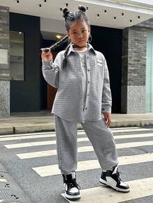 SHEIN Tween Girl Parent-child Street Style Plaid Shirt Jacket, Solid Color Drawstring Jogger Pants - Light Grey - View 5
