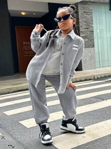 SHEIN Tween Girl Parent-child Street Style Plaid Shirt Jacket, Solid Color Drawstring Jogger Pants - Light Grey - View 1