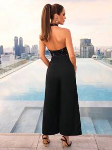 Allurite Mono de pierna ancha unicolor de cuello halter de espalda abierta - Negro - Ver 2