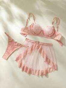 SHEIN 花卉蕾絲內衣套裝附裙子 - 淺粉色 - 查看 6