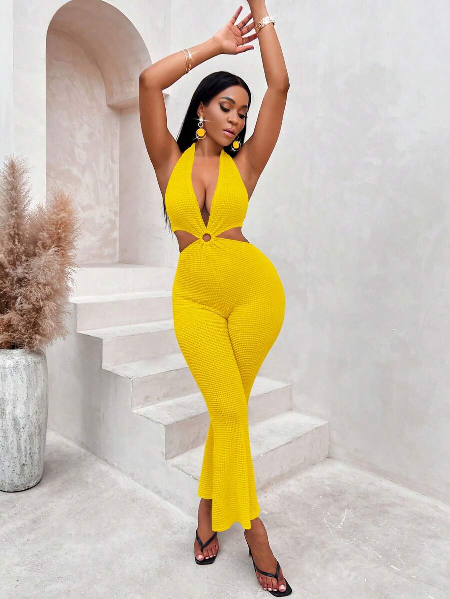 SHEIN SXY O-ring Cut Out Tie Backless Flare Leg Halter Jumpsuit - Yellow - View 1