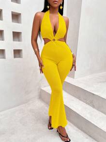 SHEIN SXY O-ring Cut Out Tie Backless Flare Leg Halter Jumpsuit - Yellow - View 4