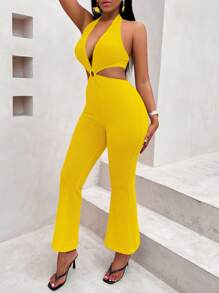 SHEIN SXY O-ring Cut Out Tie Backless Flare Leg Halter Jumpsuit - Yellow - View 5