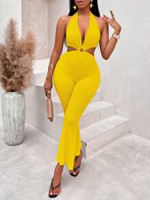 SHEIN SXY O-ring Cut Out Tie Backless Flare Leg Halter Jumpsuit - Yellow - View 6