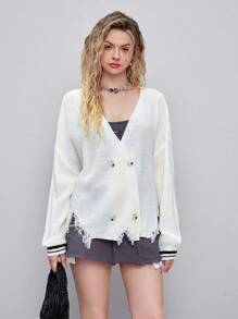 SHEIN MOD 條紋飾邊落肩袖前紐扣開襟衫 - 米色 - 查看 5