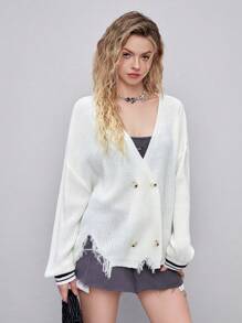 SHEIN MOD 條紋飾邊落肩袖前紐扣開襟衫 - 米色 - 查看 6