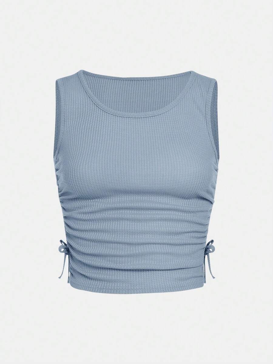 SHEIN 青少年女孩側抽繩褶邊背心上衣 - 霧霾藍 - 查看 1