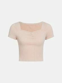 SHEIN 青少年女孩雞心領口前收褶T恤 - 杏色 - 查看 1