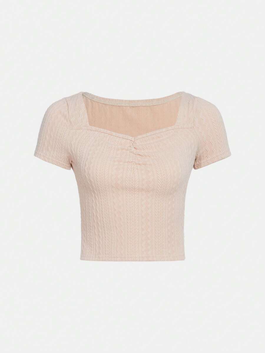 SHEIN 青少年女孩雞心領口前收褶T恤 - 杏色 - 查看 1