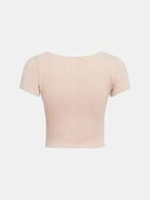 SHEIN 青少年女孩雞心領口前收褶T恤 - 杏色 - 查看 2