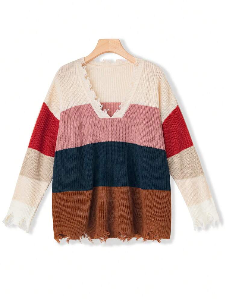 Plus Colorblock Drop Shoulder Distressed Sweater Knit Pullover Fall Winter Sweater