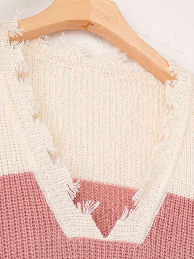 Plus Colorblock Drop Shoulder Distressed Sweater Knit Pullover Fall Winter Sweater