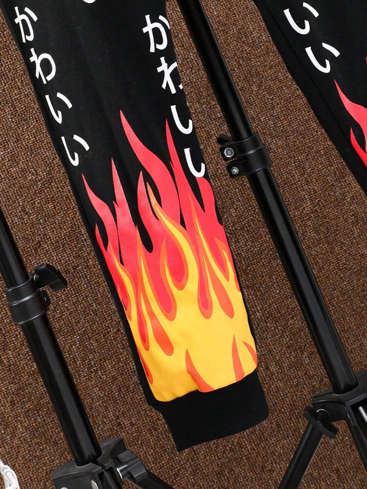 Teen Girl Japanese Letter Graphic Two Tone Hooded Jacket & Sweatpants Without Tee