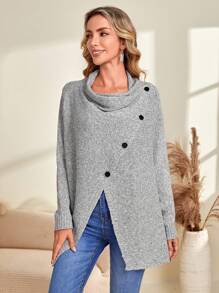 EMERY ROSE 堆堆領紐扣細節下擺開叉落肩袖套頭毛衣 - 灰色 - 查看 1