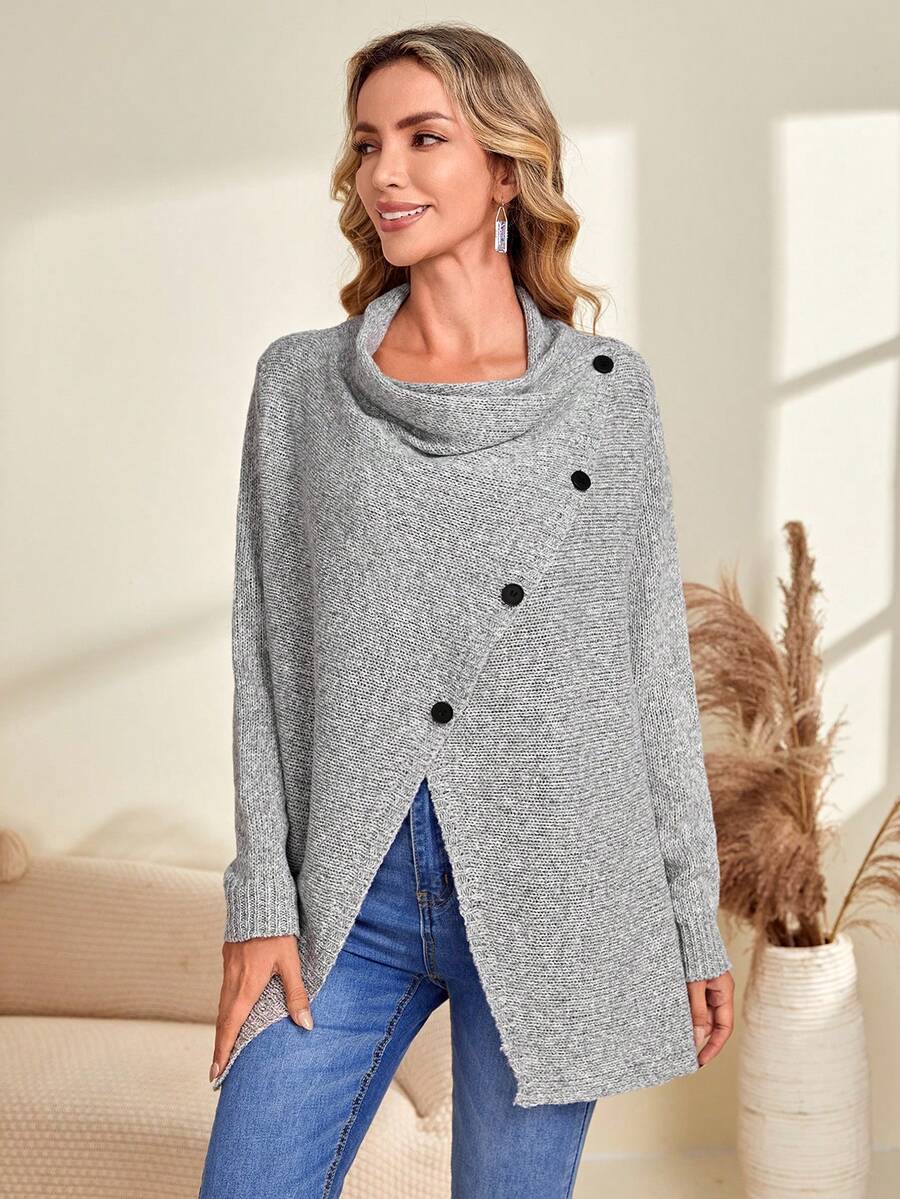 EMERY ROSE 堆堆領紐扣細節下擺開叉落肩袖套頭毛衣 - 灰色 - 查看 1