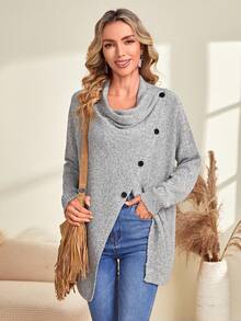 EMERY ROSE 堆堆領紐扣細節下擺開叉落肩袖套頭毛衣 - 灰色 - 查看 5