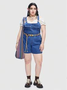 ROMWE Plus Flap Pocket Front Denim Overalls Without Belt, School - Blue - View 1