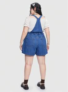ROMWE Plus Flap Pocket Front Denim Overalls Without Belt, School - Blue - View 2