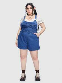 ROMWE Plus Flap Pocket Front Denim Overalls Without Belt, School - Blue - View 3