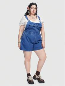 ROMWE Plus Flap Pocket Front Denim Overalls Without Belt, School - Blue - View 4