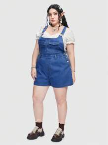 ROMWE Plus Flap Pocket Front Denim Overalls Without Belt, School - Blue - View 5